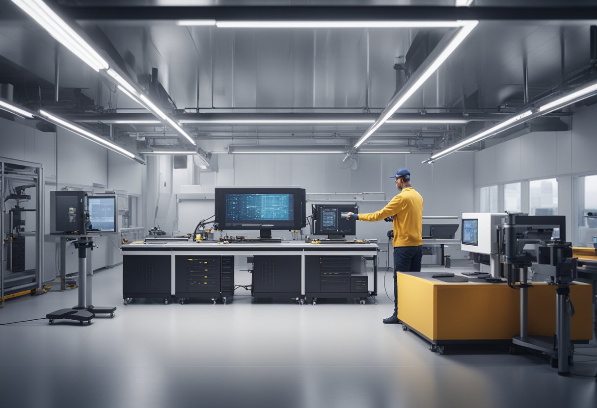 A technician operates 3D laser metrology equipment in a high-tech laboratory setting