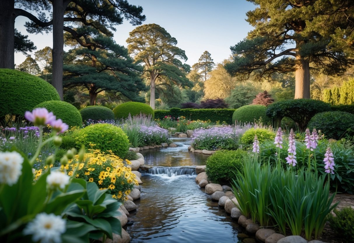 Ein ruhiger Garten mit blühenden Blumen und sanft fließendem Wasser, umgeben von friedlichen und majestätischen Bäumen