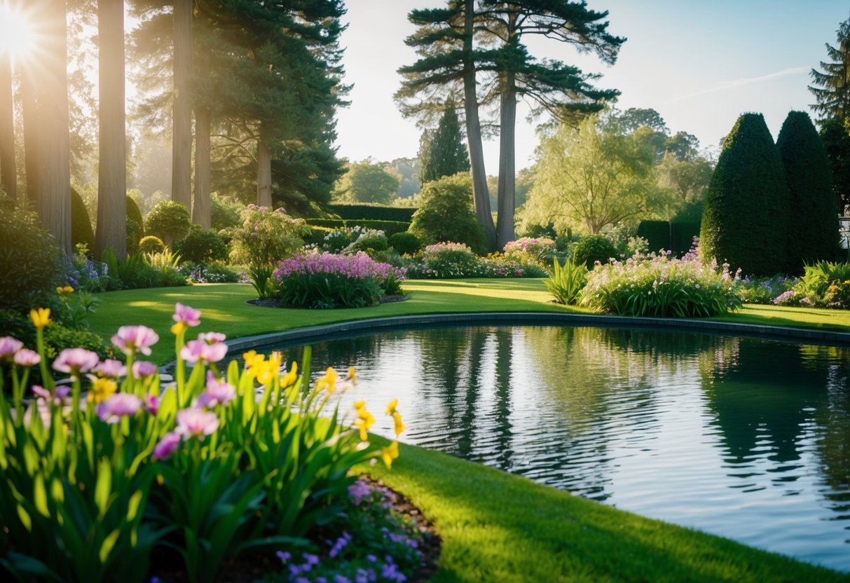 Ein friedlicher Garten mit blühenden Blumen und einem ruhigen Teich, umgeben von hohen Bäumen und in sanftem Sonnenlicht getaucht.