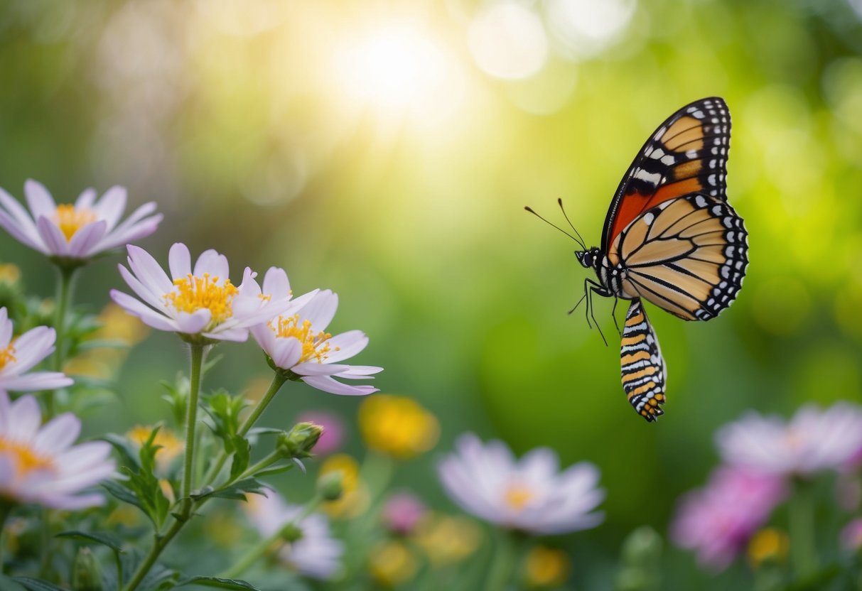 Ein ruhiger Garten mit blühenden Blumen und einem Schmetterling, der aus seiner Puppe schlüpft, was spirituelles Wachstum und Transformation symbolisiert.