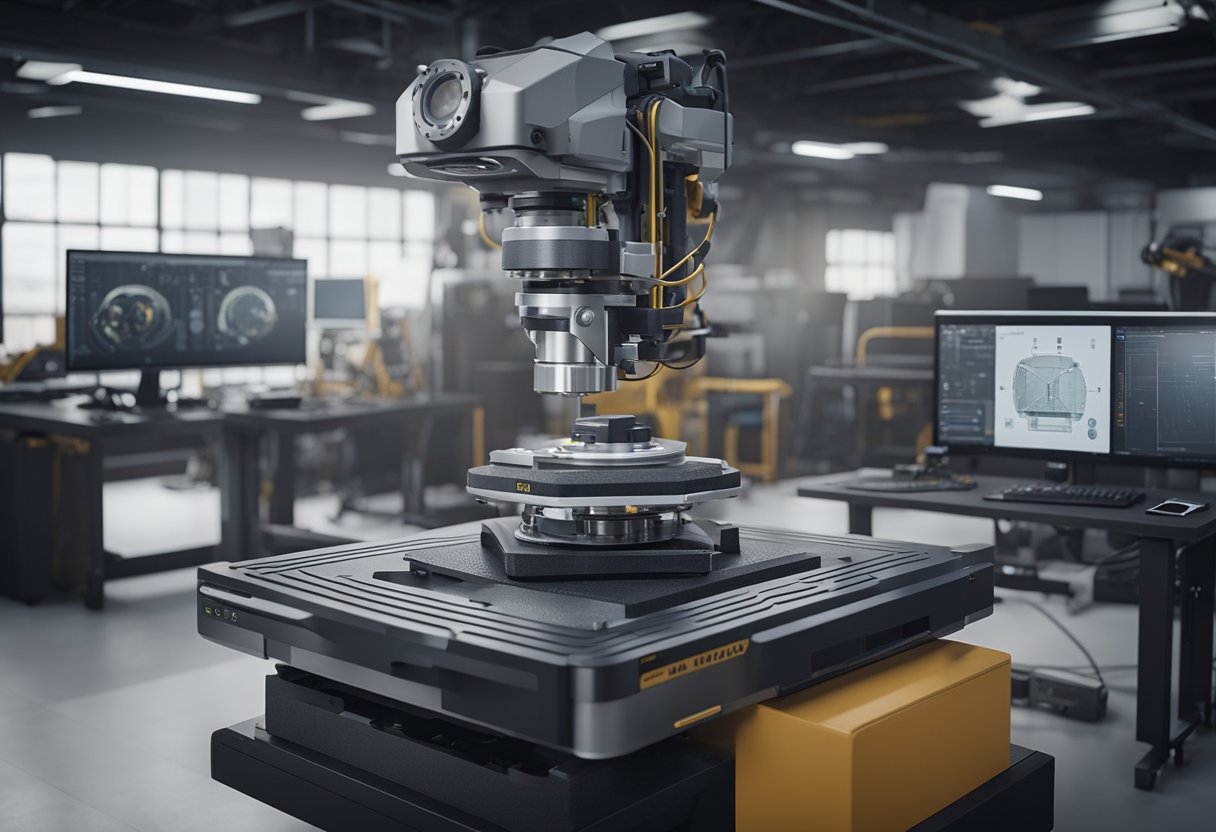 A 3D scanner captures intricate details of a mechanical object on a precision measurement table, surrounded by high-tech equipment and computer screens