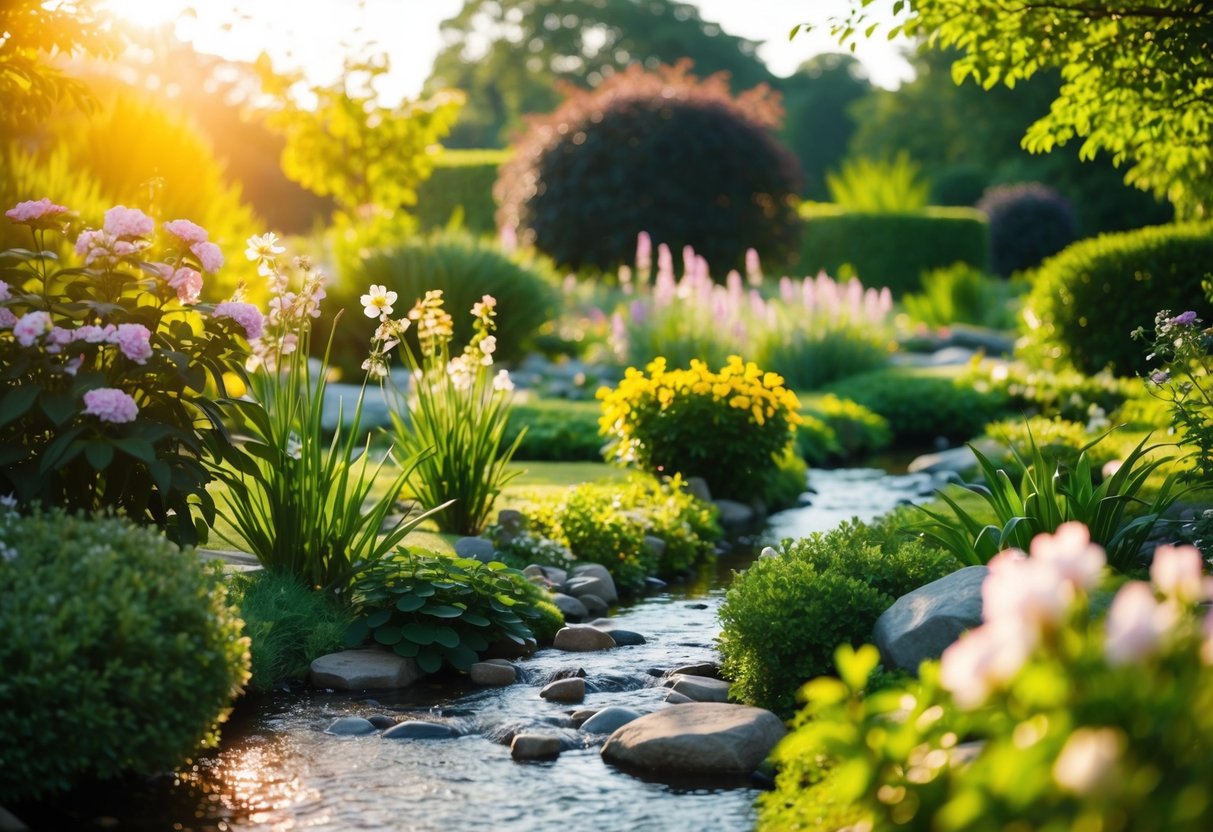 Ein ruhiger Garten mit blühenden Blumen und einem friedlichen Bach, umgeben von üppigem Grün und in warmes Sonnenlicht getaucht.