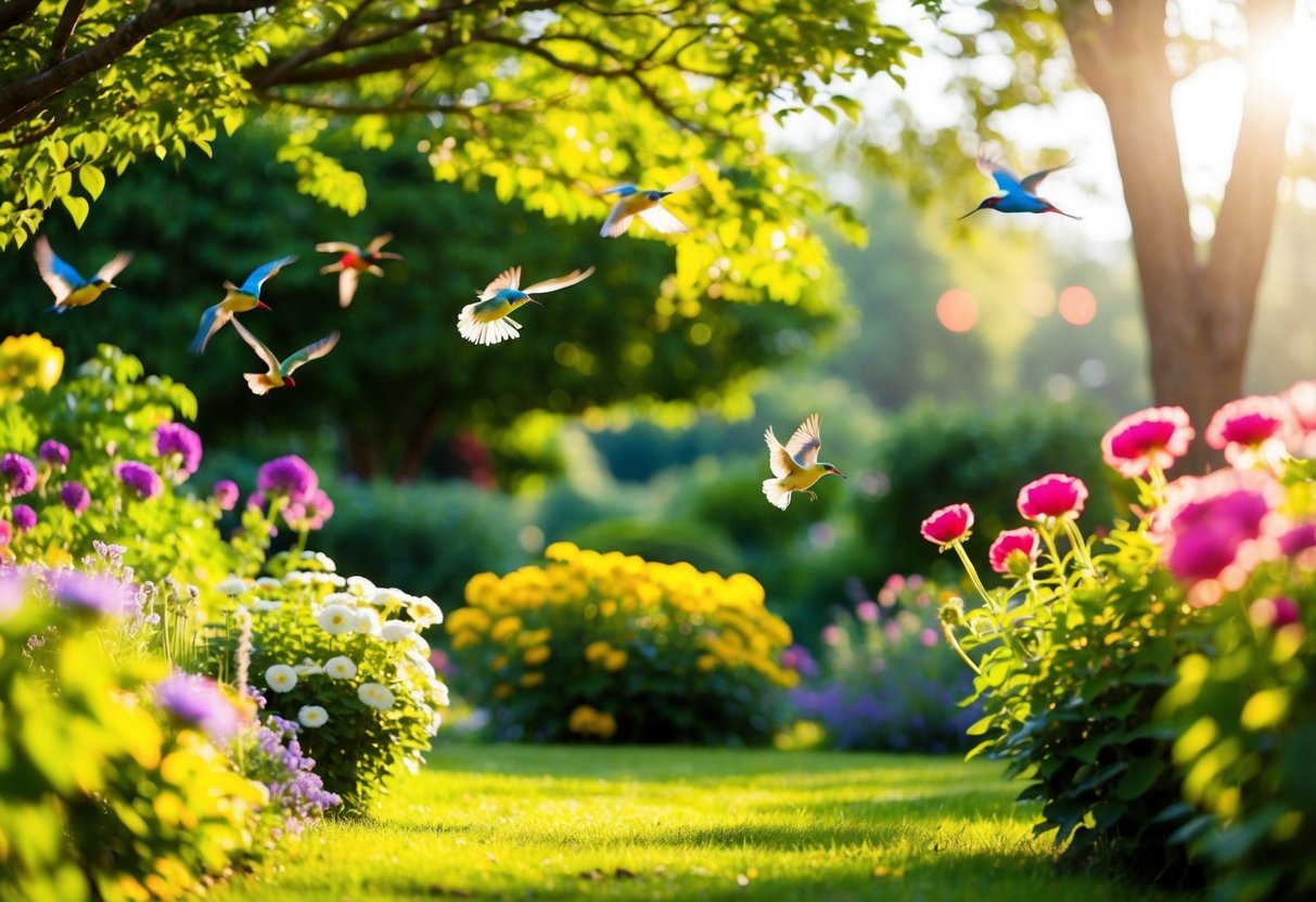 Ein friedlicher Garten, in dem das Sonnenlicht durch die Bäume filtert, während bunte Vögel über uns fliegen und Blumen mit lebendiger Energie blühen.