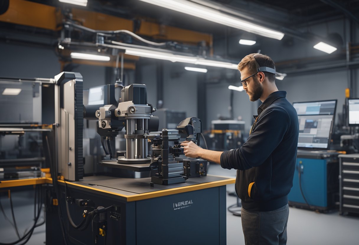 A technician operates a 3D scanning device on a precision engineering component in a well-lit workshop