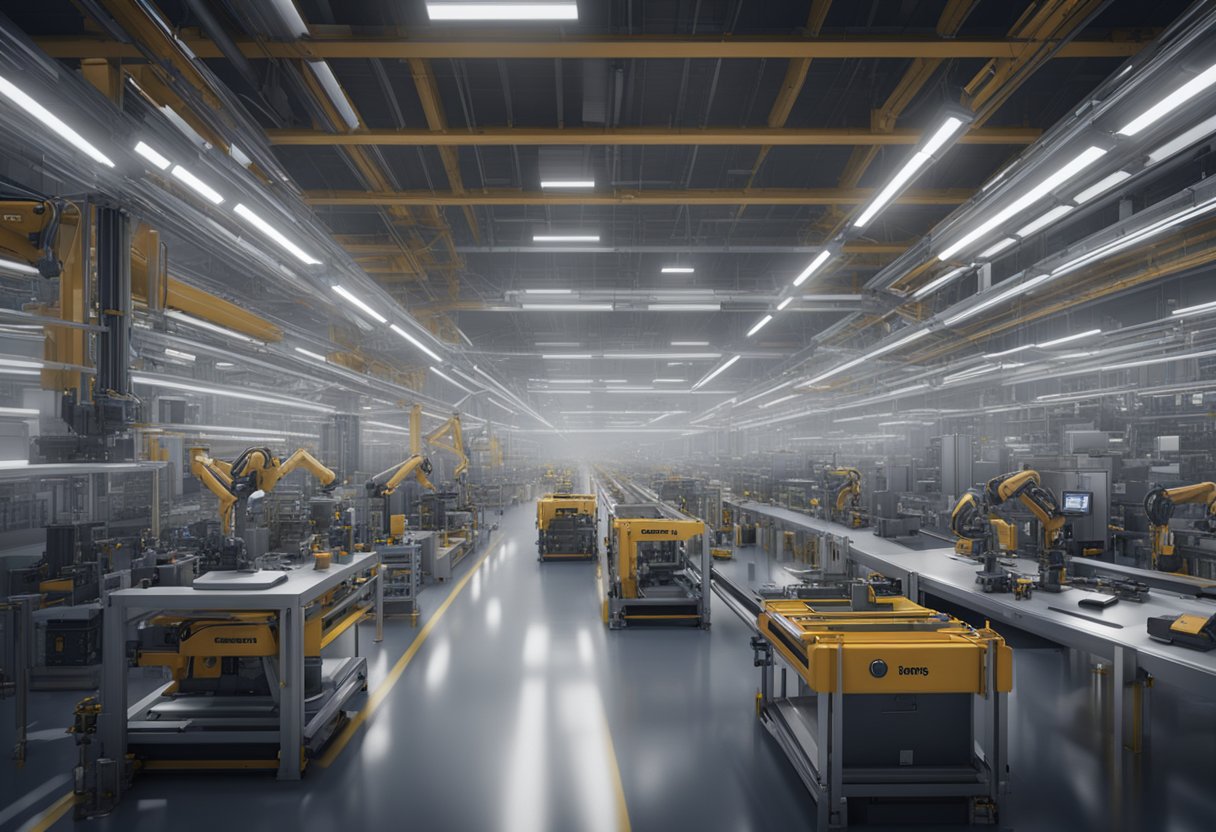 A bustling factory floor with precision instruments and robotic arms assembling high-tech metrology equipment for global distribution