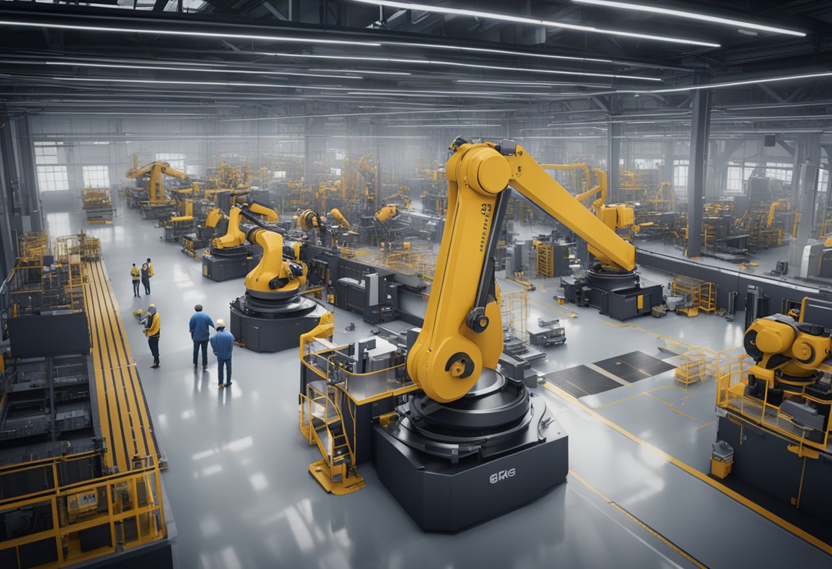 A bustling factory floor with precision machinery and workers operating high-tech equipment to produce metrology solutions