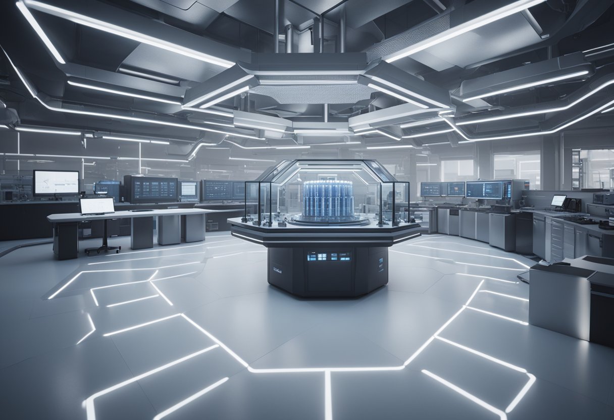 A modern, high-tech hexagonal laboratory filled with advanced metrology equipment and technology