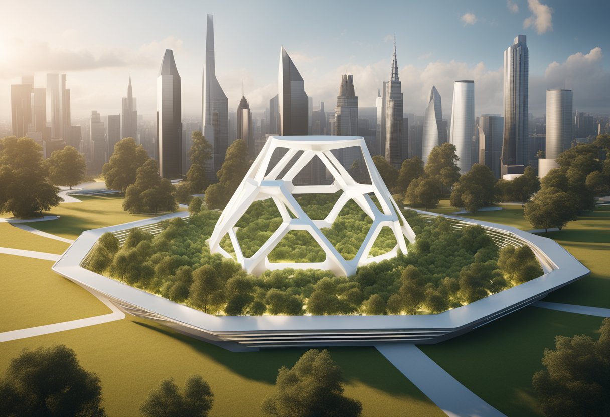 A hexagon surrounded by symbols of sustainability and corporate responsibility, with global landmarks in the background