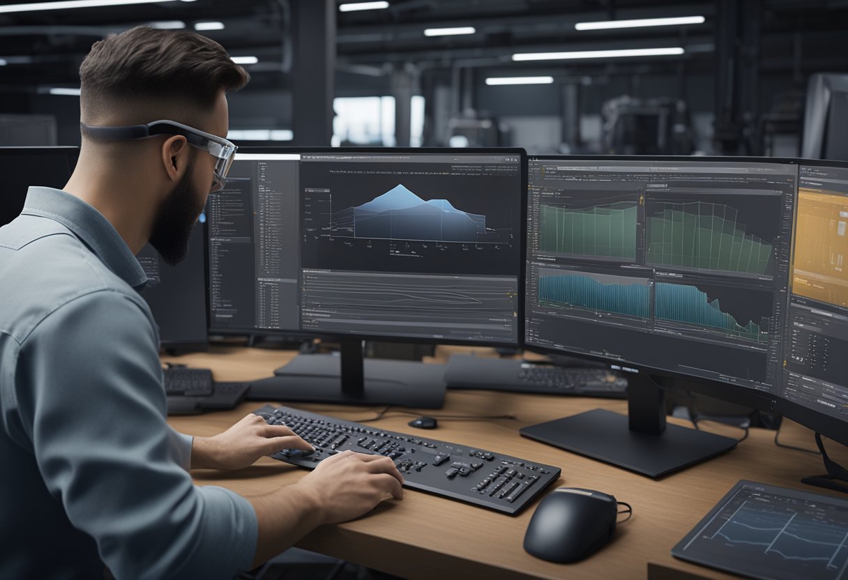 A technician using Verisurf software to measure and inspect industrial parts on a computer screen, surrounded by various pricing and licensing models