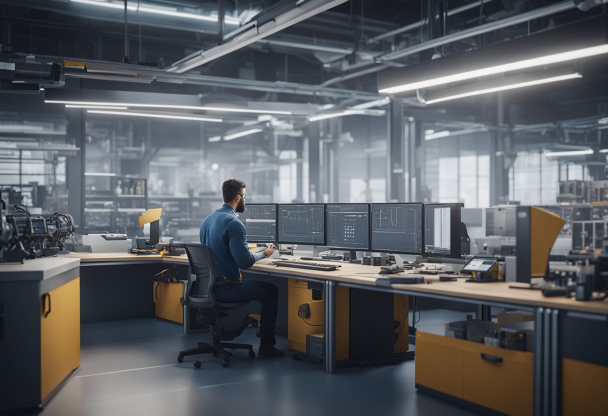 A technical support engineer troubleshoots a precision measurement system in a brightly lit laboratory setting