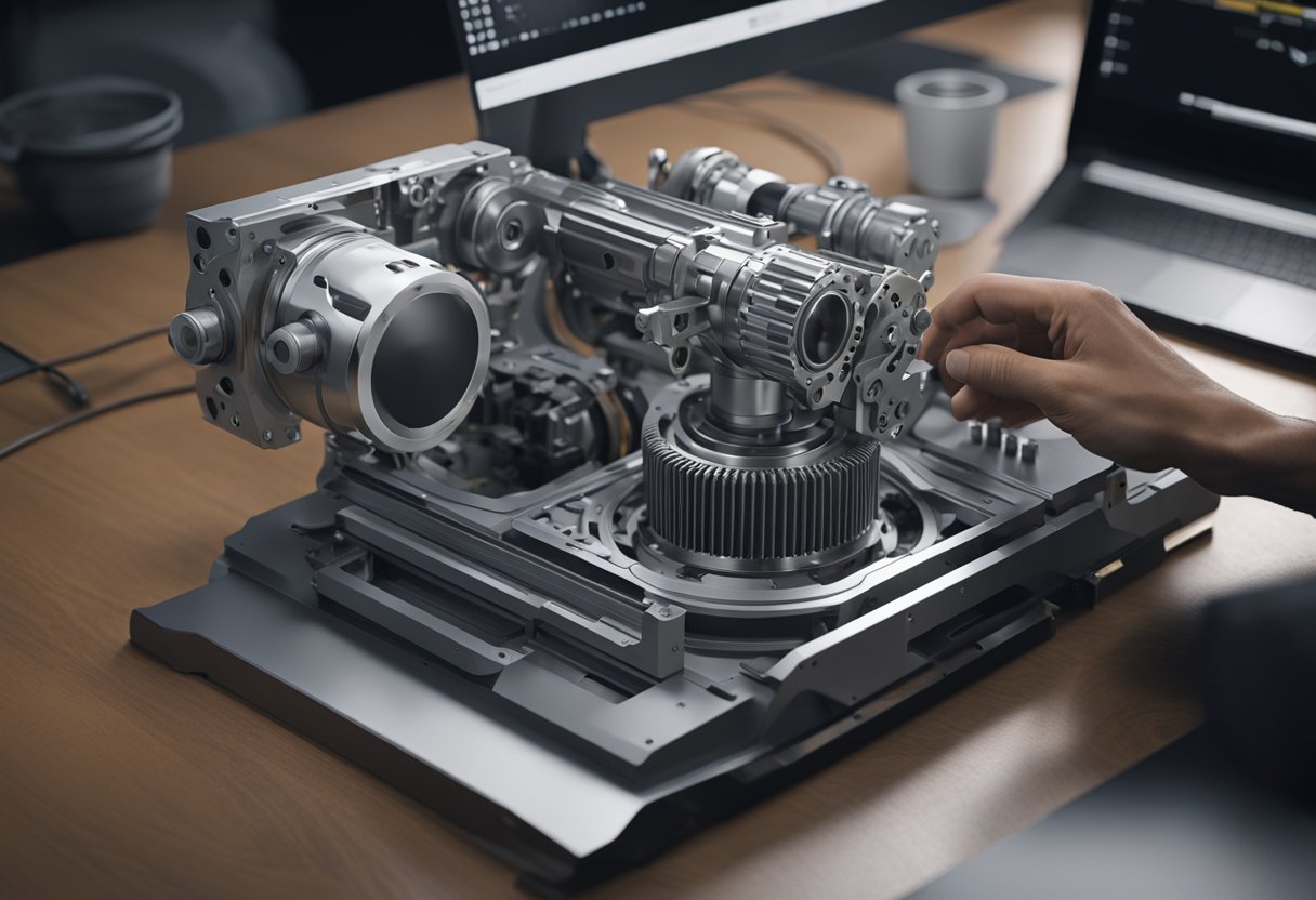 A 3D scanner captures intricate details of a mechanical part, while a designer works on reverse engineering the digital model