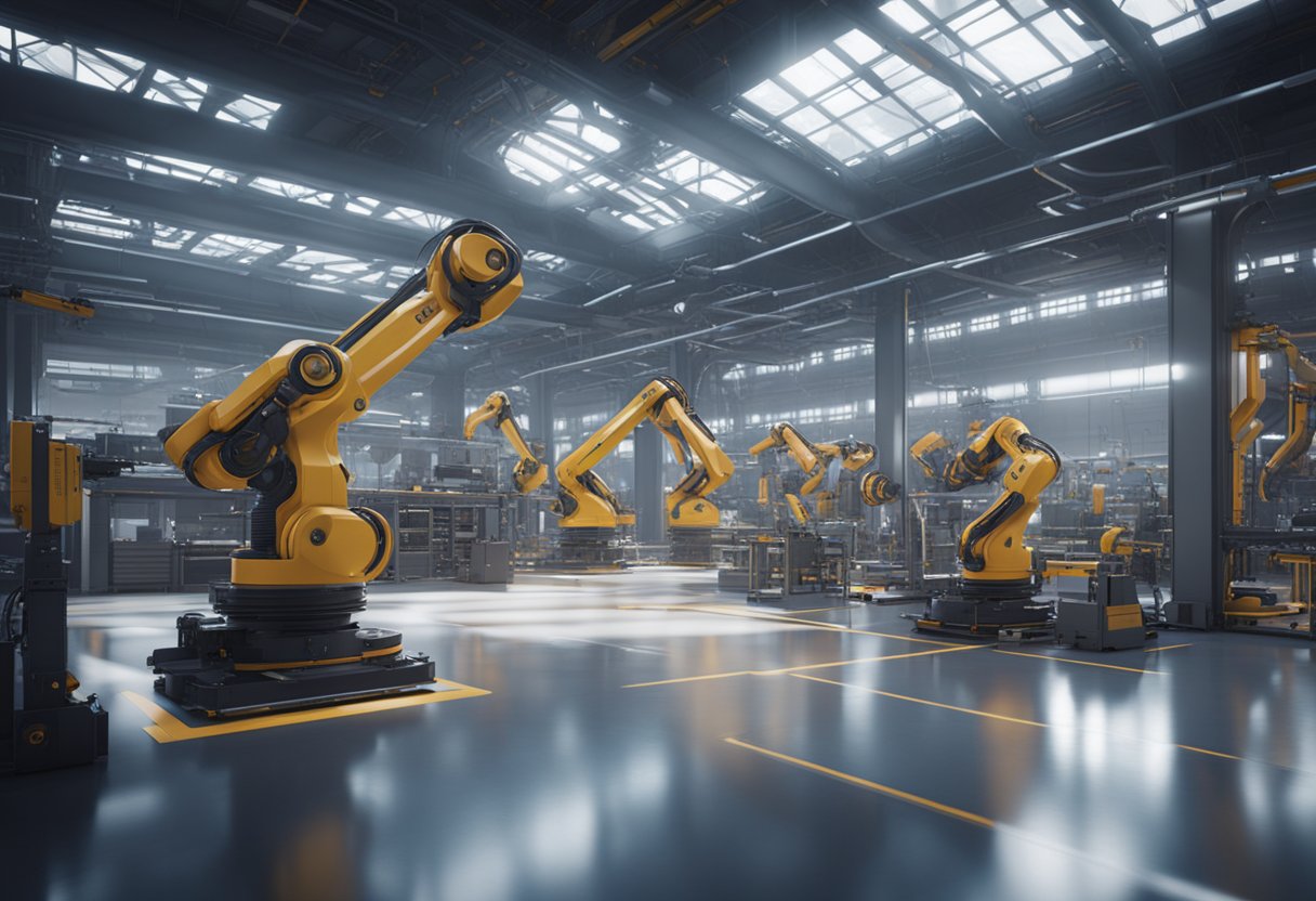 A futuristic factory floor with robotic arms assembling products under the watchful gaze of advanced computer vision systems