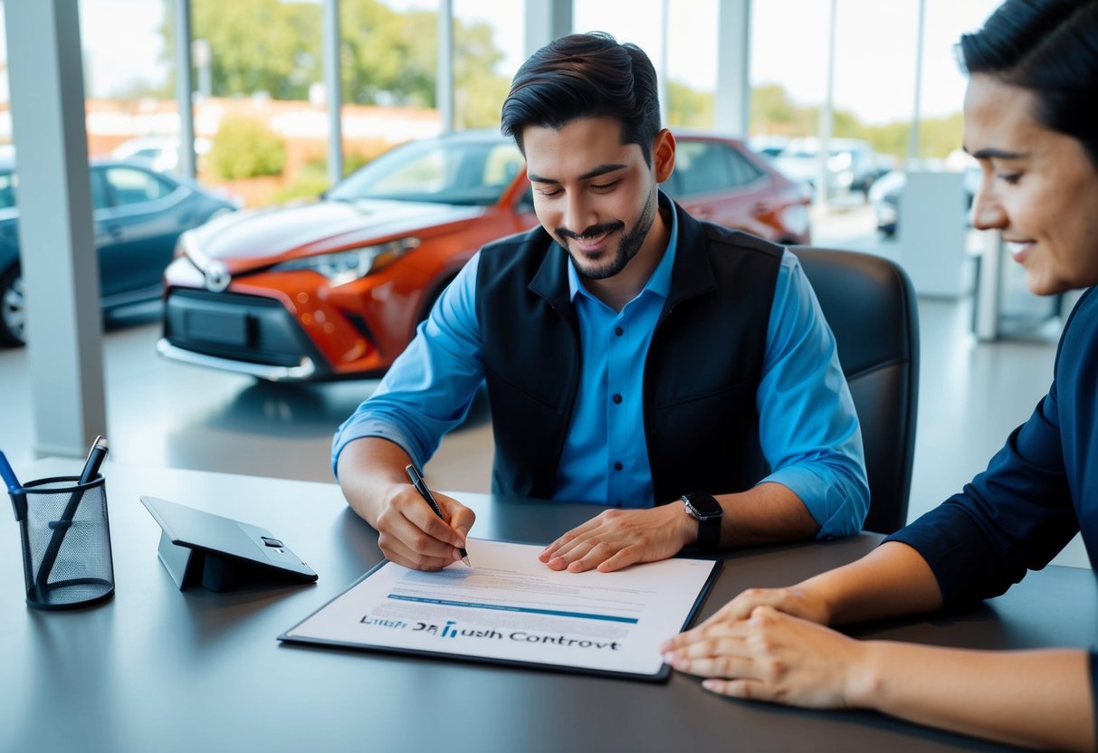 Um cliente assinando um contrato de assinatura de carro da Toyota em uma mesa de concessionária