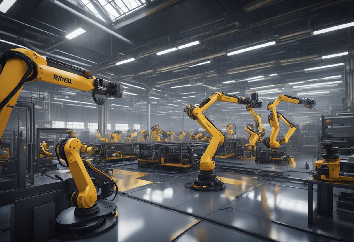 A factory floor with robotic arms and cameras, working in sync to automate production processes