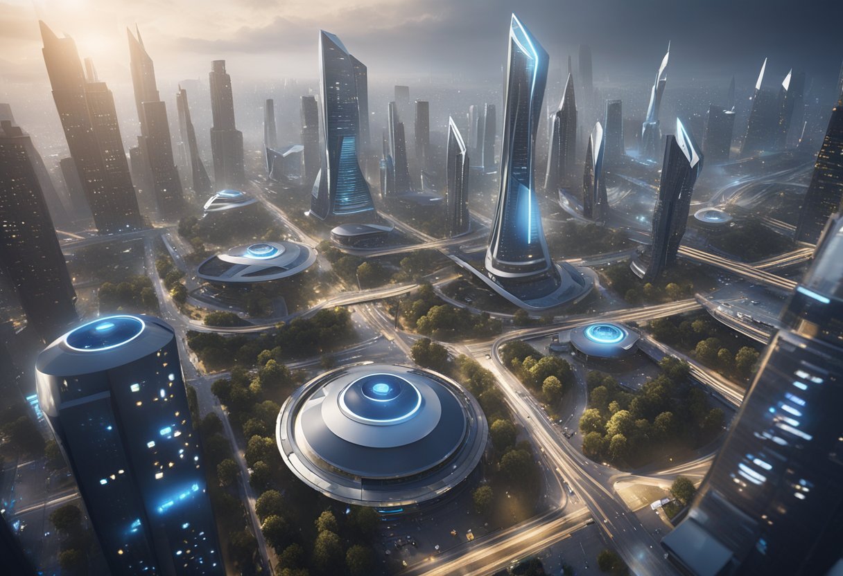 A futuristic city skyline with automated vehicles and drones flying above, all controlled by a centralized vision-based automation system