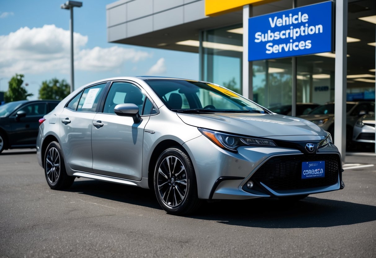 Um Corolla prateado e elegante estacionado em frente a uma concessionária, com uma placa anunciando serviços de assinatura de veículos.