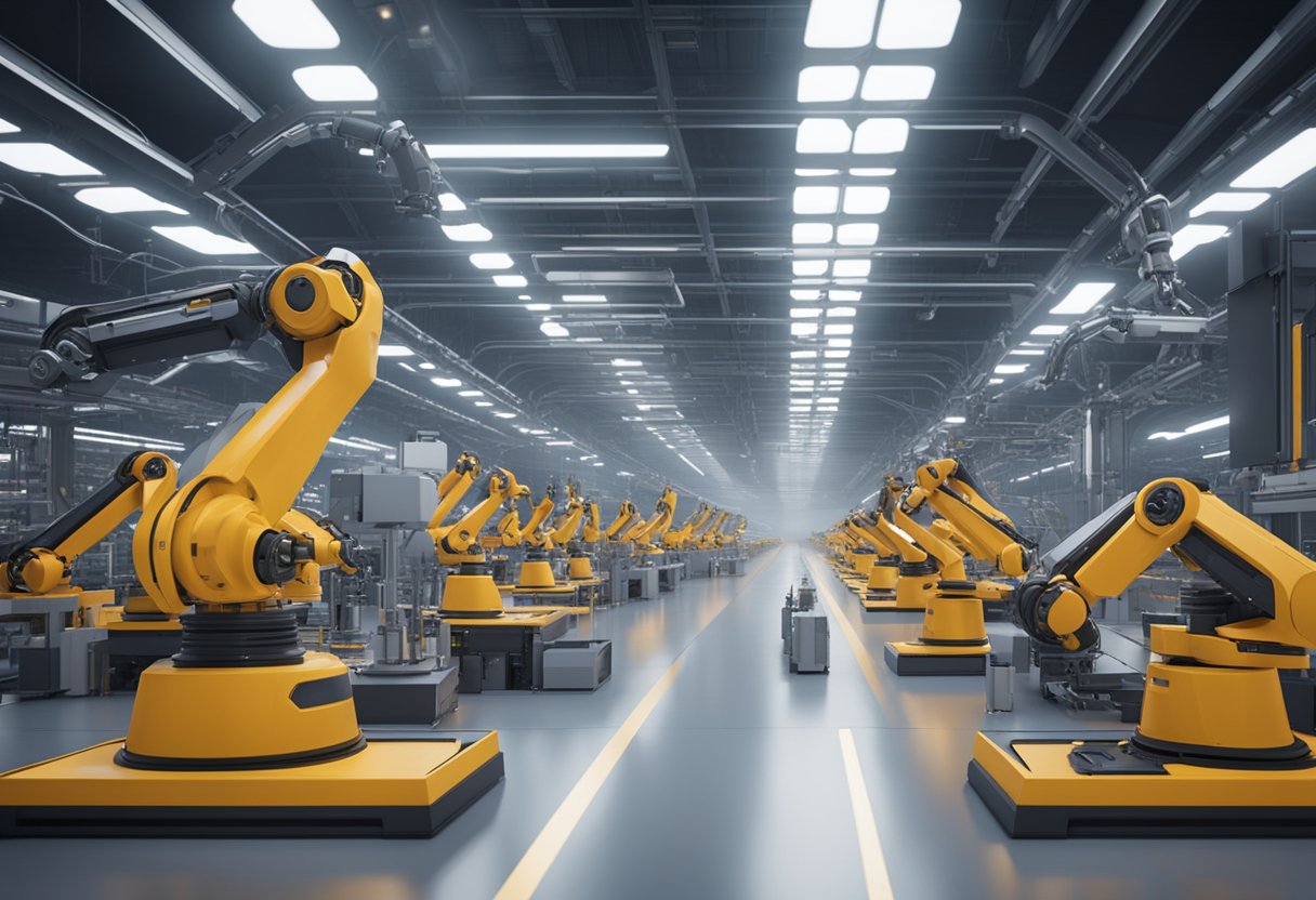 A futuristic assembly line with robotic arms assembling products under the watchful eye of a central vision-based automation system