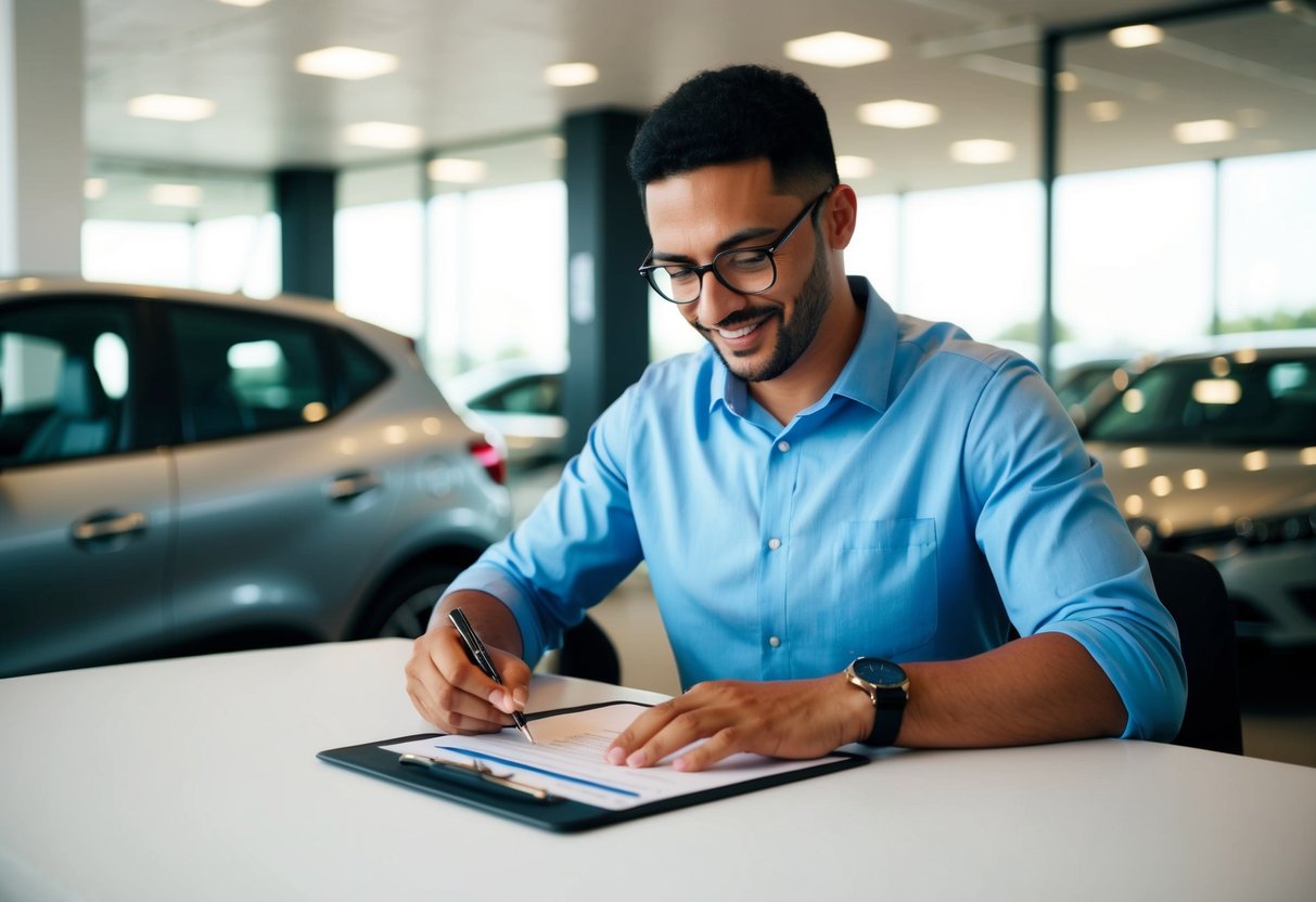 Uma pessoa assinando um contrato de assinatura de carro em uma concessionária Renault