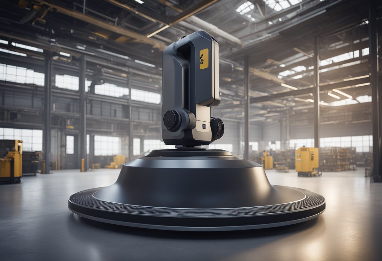 A high-tech 3D scanner captures precise measurements of a complex mechanical part in a modern industrial setting