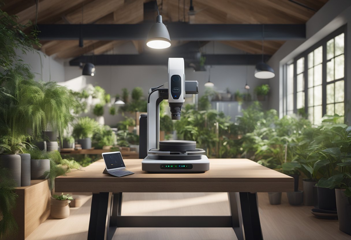 A technician operates a 3D scanner on a table with sustainable materials and greenery in the background