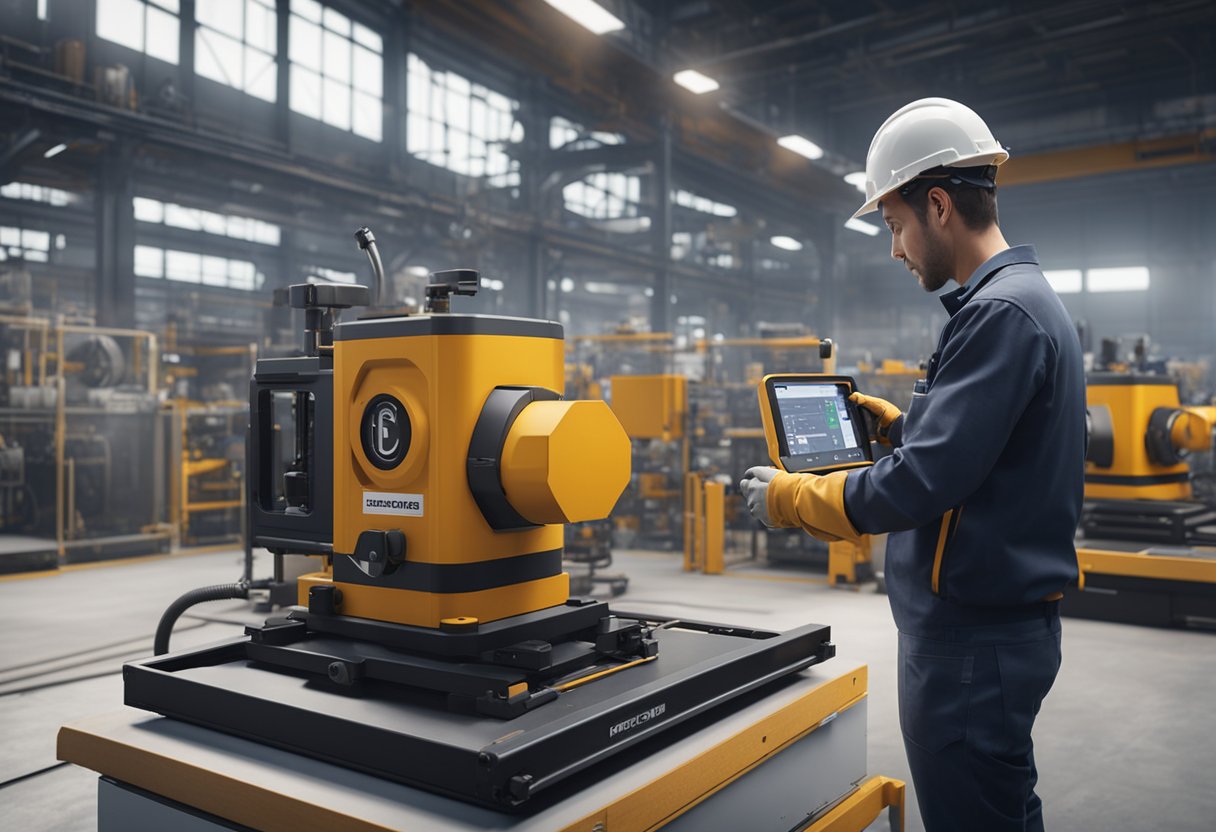 A technician operates a portable measurement device on a factory floor, surrounded by machinery and equipment