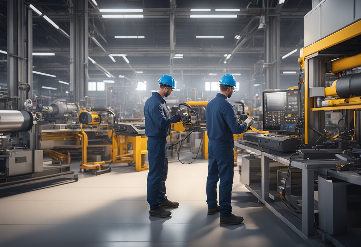 A technician using portable measurement equipment in a manufacturing environment, with various machinery and tools in the background