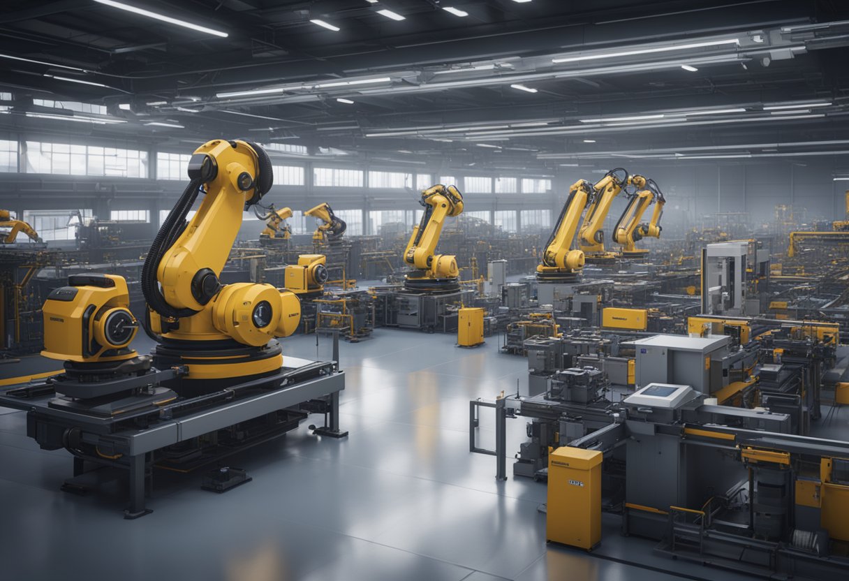 A factory floor filled with high-tech machinery and robotic arms, all working together to streamline the production process for industrial automation and metrology equipment by Keyence