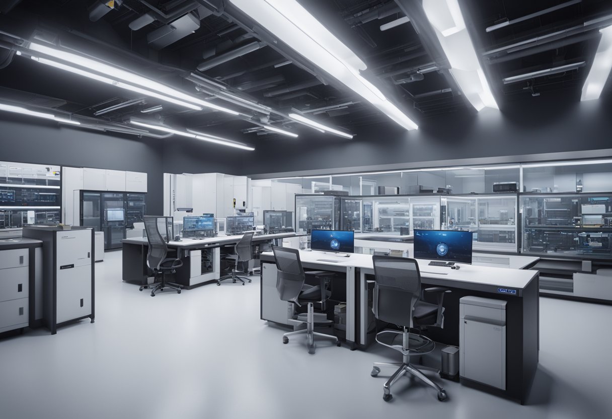 A high-tech Keyence research lab with advanced industrial automation and metrology equipment