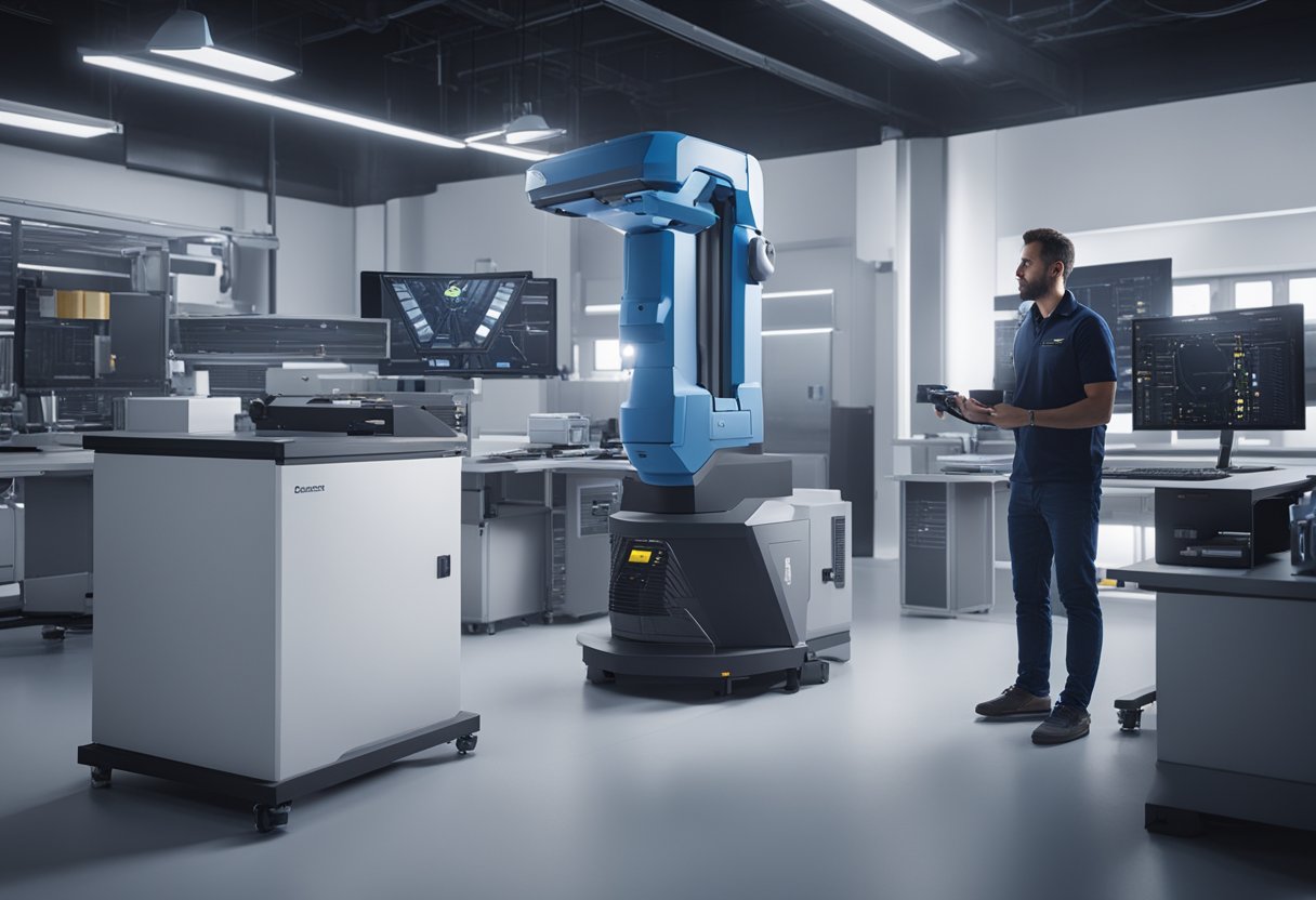 A technician calibrates a Surphaser 3D laser scanning system in a high-tech laboratory setting