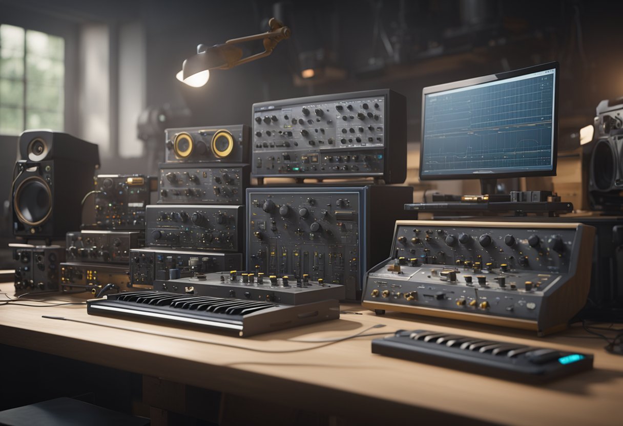 An array of electronic instruments and electromechanical devices arranged on a workbench