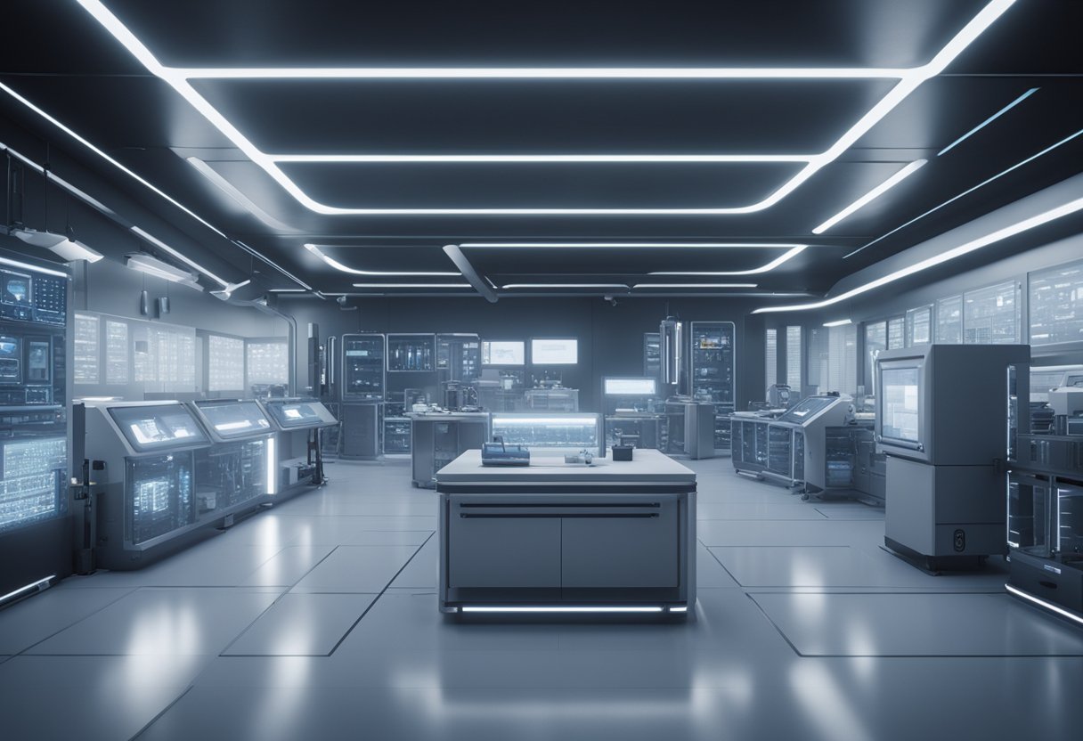 A futuristic laboratory with advanced precision measurement and imaging systems