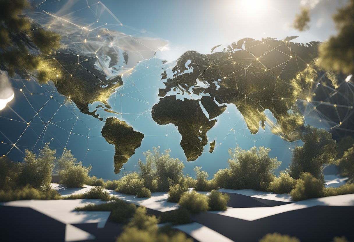 A world map with interconnected nodes representing global measurement and engineering services