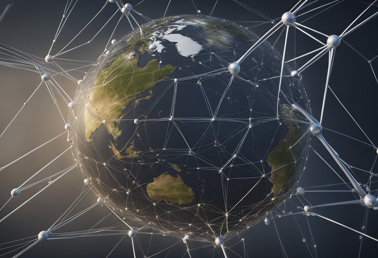 A network of interconnected global measurement and engineering services, represented by a web of nodes and lines spanning the globe