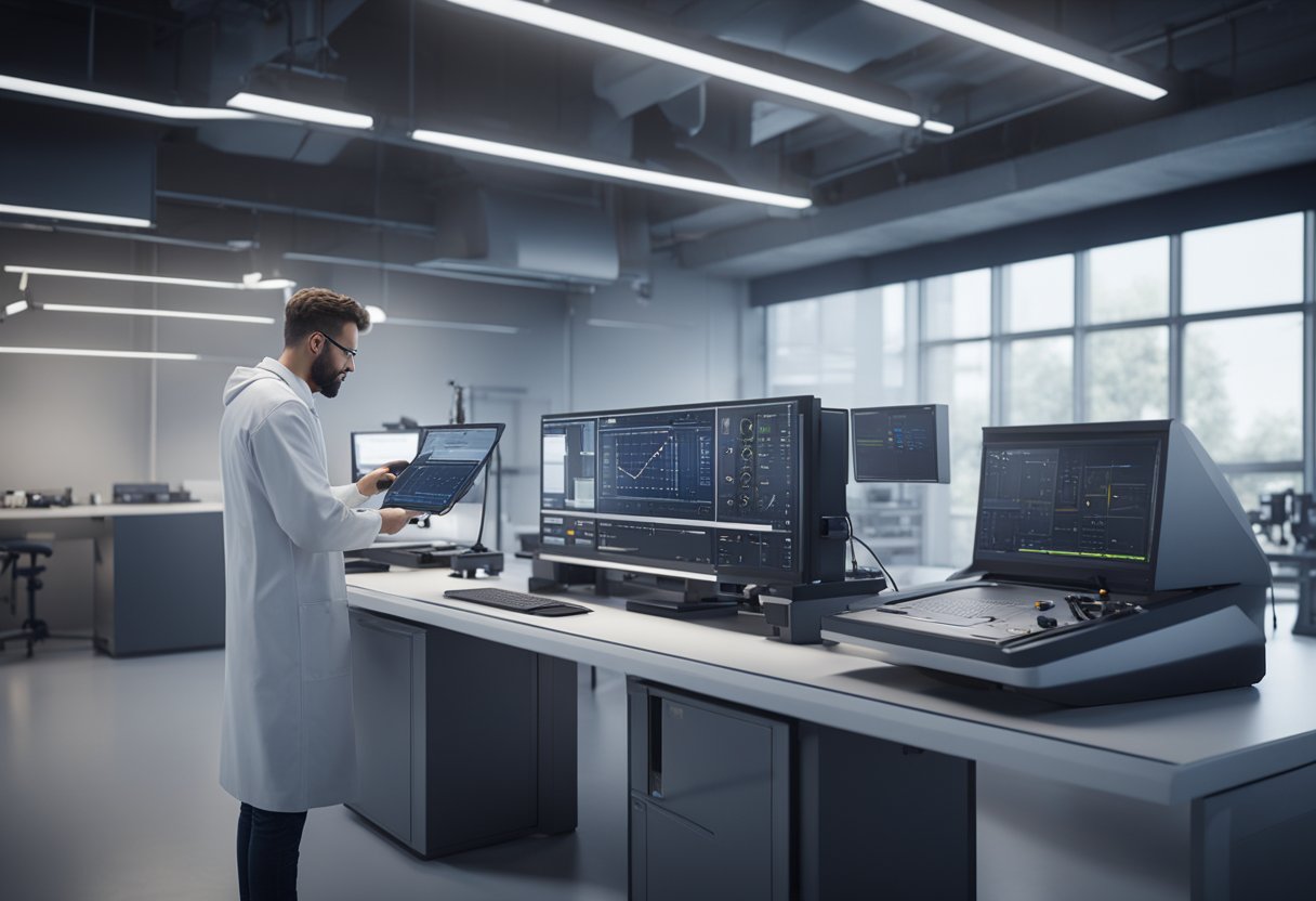 A technician calibrates a high-tech measurement device in a modern laboratory setting