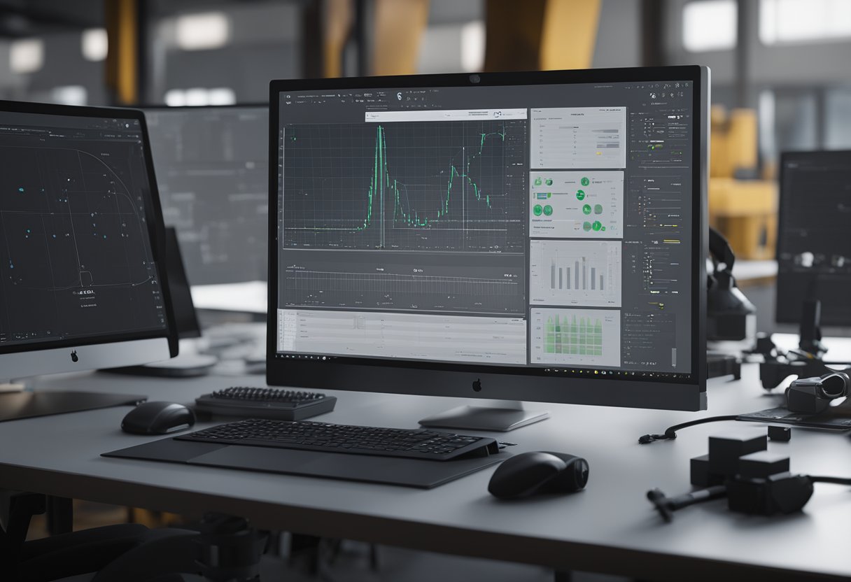 A computer screen displaying 3D metrology software with precise measurement tools and detailed 3D models