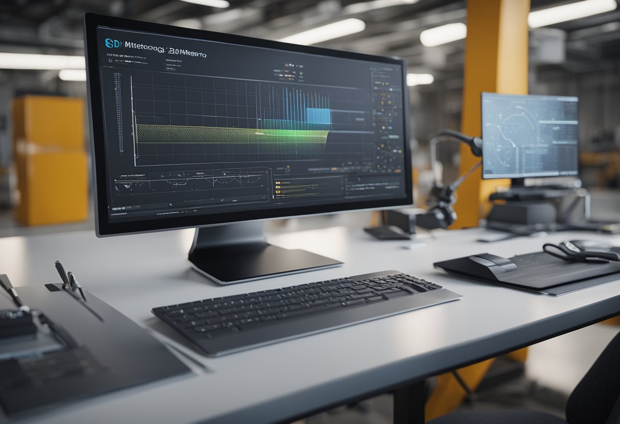 A computer screen displaying 3D metrology software with a sleek and modern interface, surrounded by engineering tools and equipment