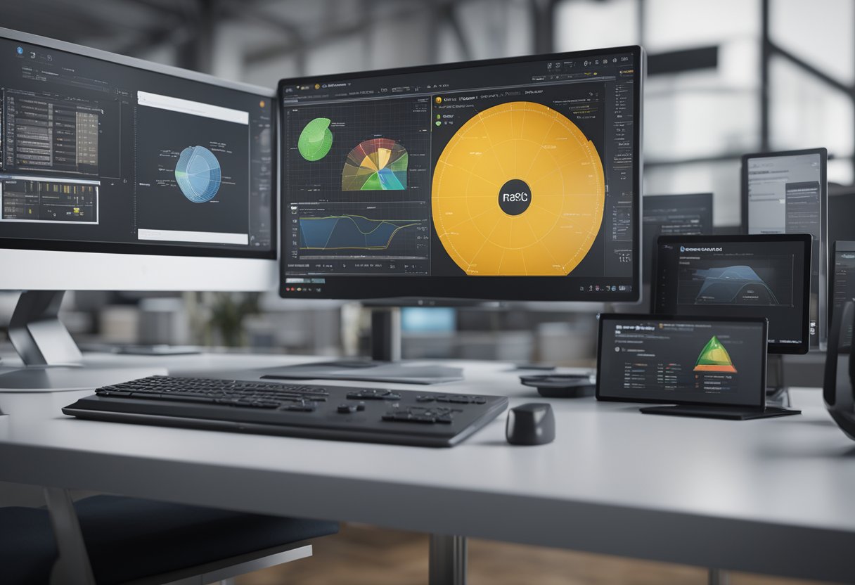 A computer monitor displaying 3D metrology software with various certification and compliance logos