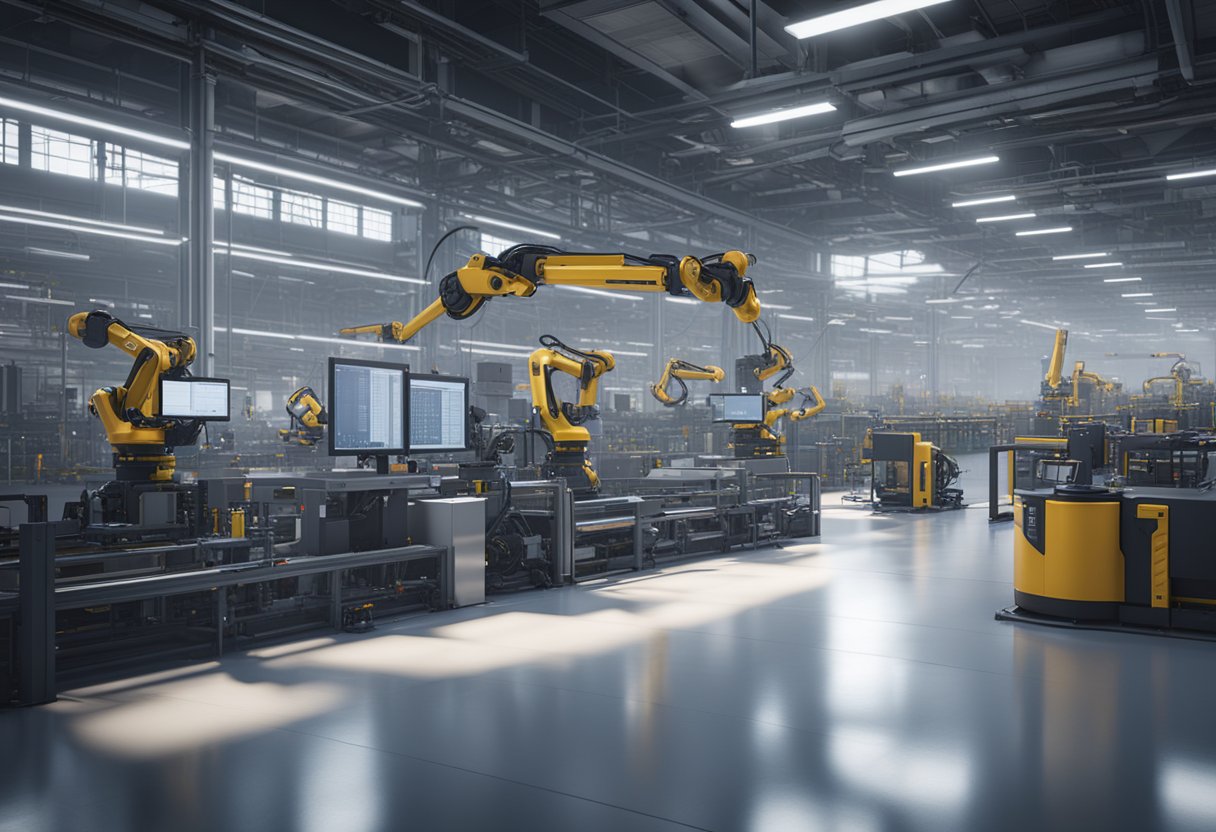 A high-tech factory floor with advanced machinery and robotic arms assembling precision measurement systems for Industry 4.0 integration