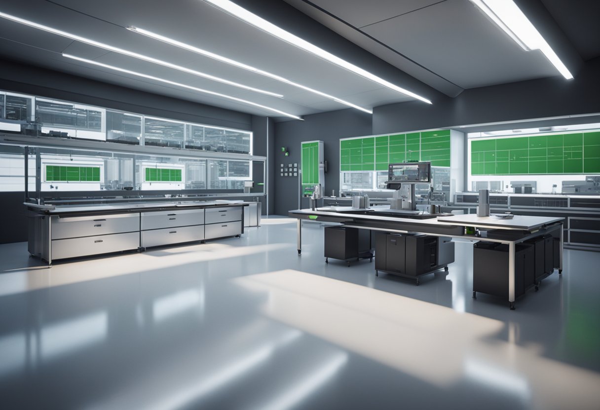 A sleek, high-tech laboratory setting with advanced measuring equipment and cutting-edge technology for Inora's precision measurement systems