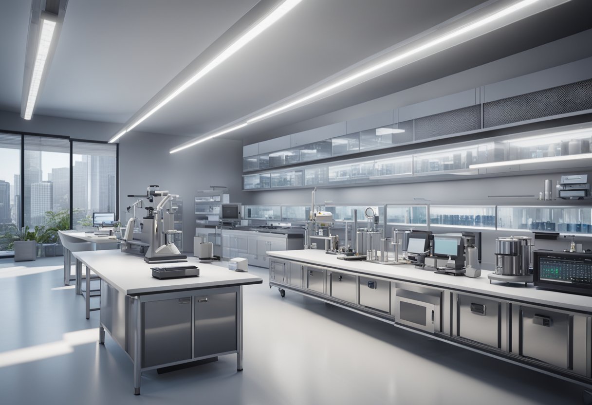 A sleek, modern laboratory setting with high-tech measurement equipment and certification documents displayed prominently