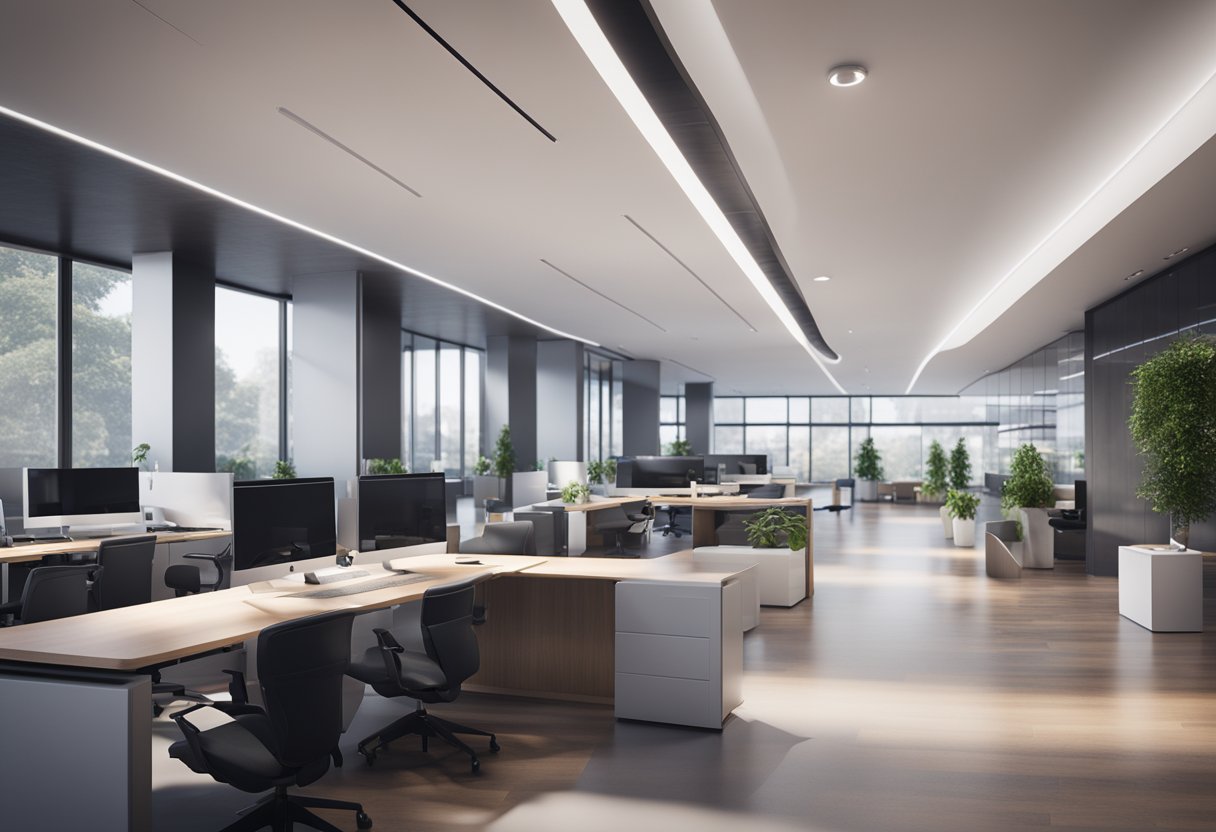 A sleek, modern office setting with a reception desk, computer workstations, and a customer support phone center. A team of engineers work on precision measurement systems in the background