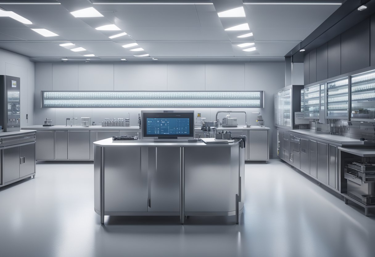 A sleek, modern laboratory setting with advanced metrology equipment and certification plaques displayed prominently on the walls