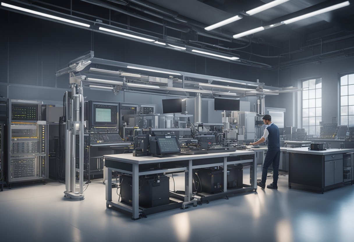 A technician calibrates precision measuring equipment in a high-tech industrial laboratory