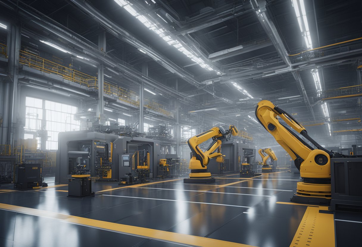 A futuristic factory floor with advanced machinery and robotic arms conducting precision measurements and inspections on industrial components