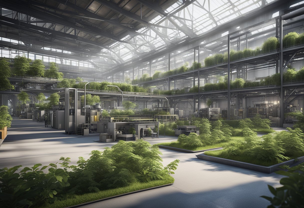 A bustling industrial facility with advanced metrology equipment, surrounded by greenery and renewable energy sources