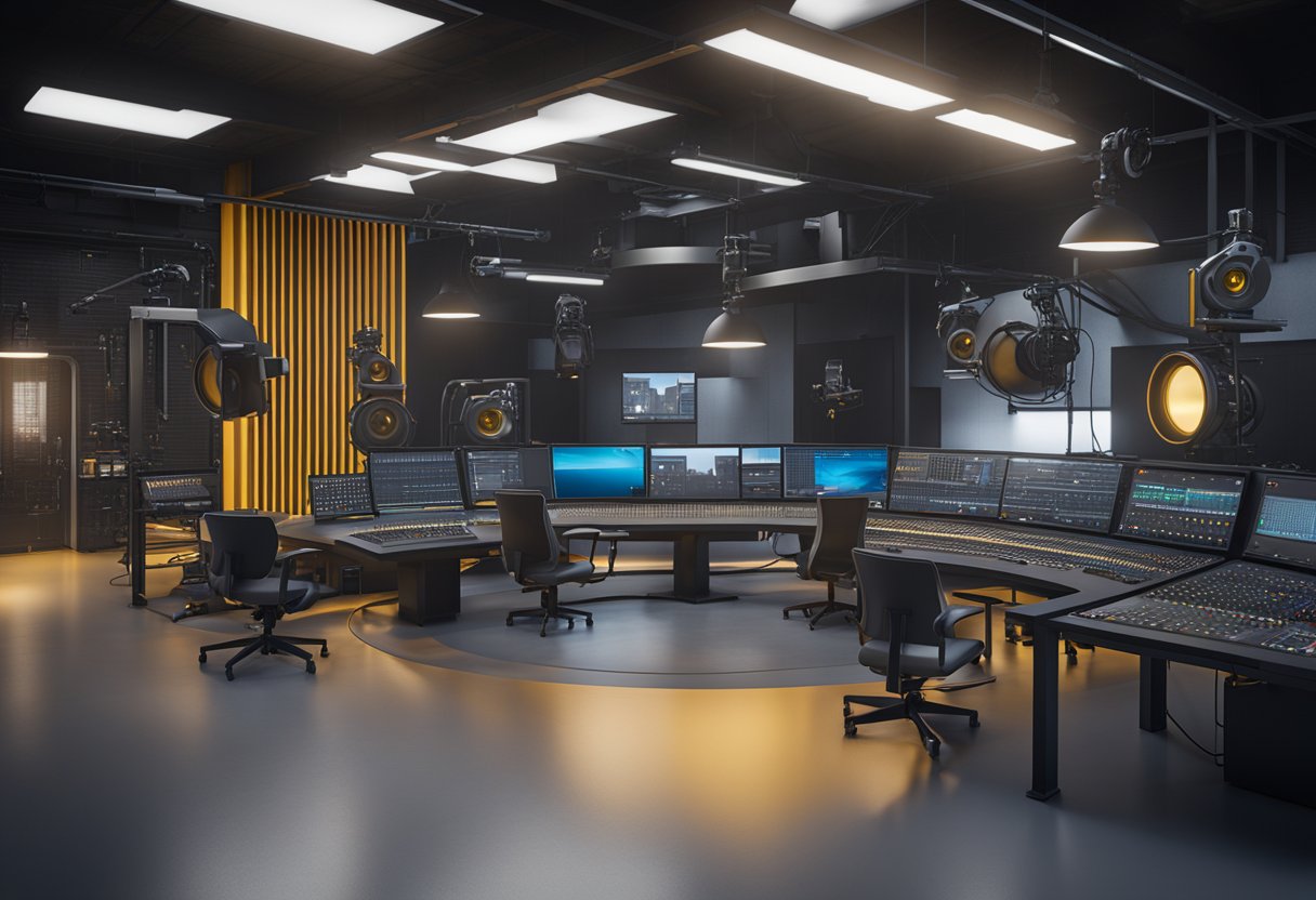 A modern industrial broadcast studio with high-tech equipment and engineering solutions