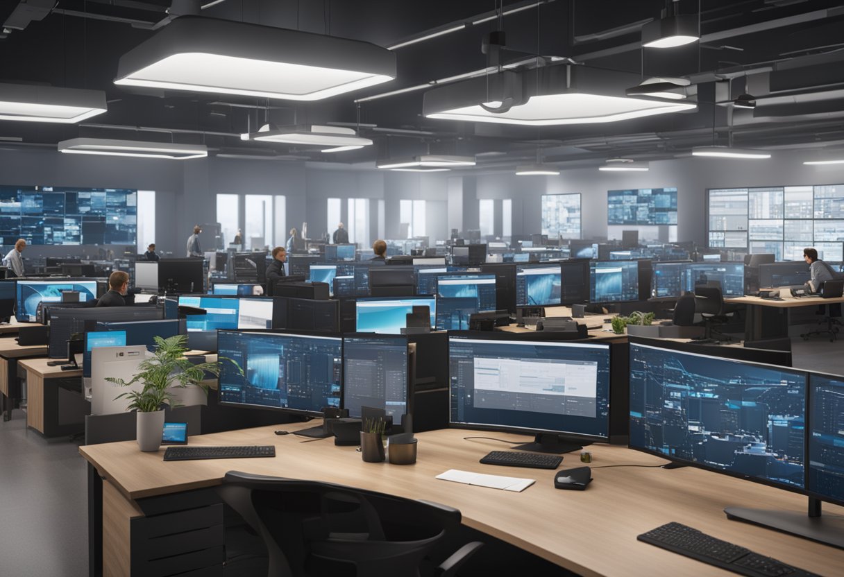 A bustling newsroom with journalists working at desks, a wall of monitors displaying quality and metrology data, and a large logo of "Quality Digest" prominently featured