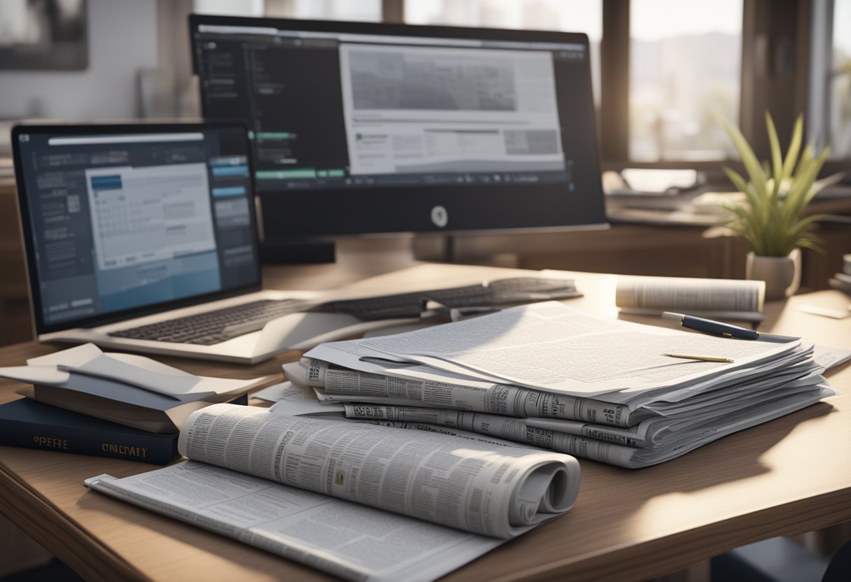 A cluttered desk with a computer, notepad, and pen. A stack of newspapers with "Opinion Pieces Quality Digest" on the front