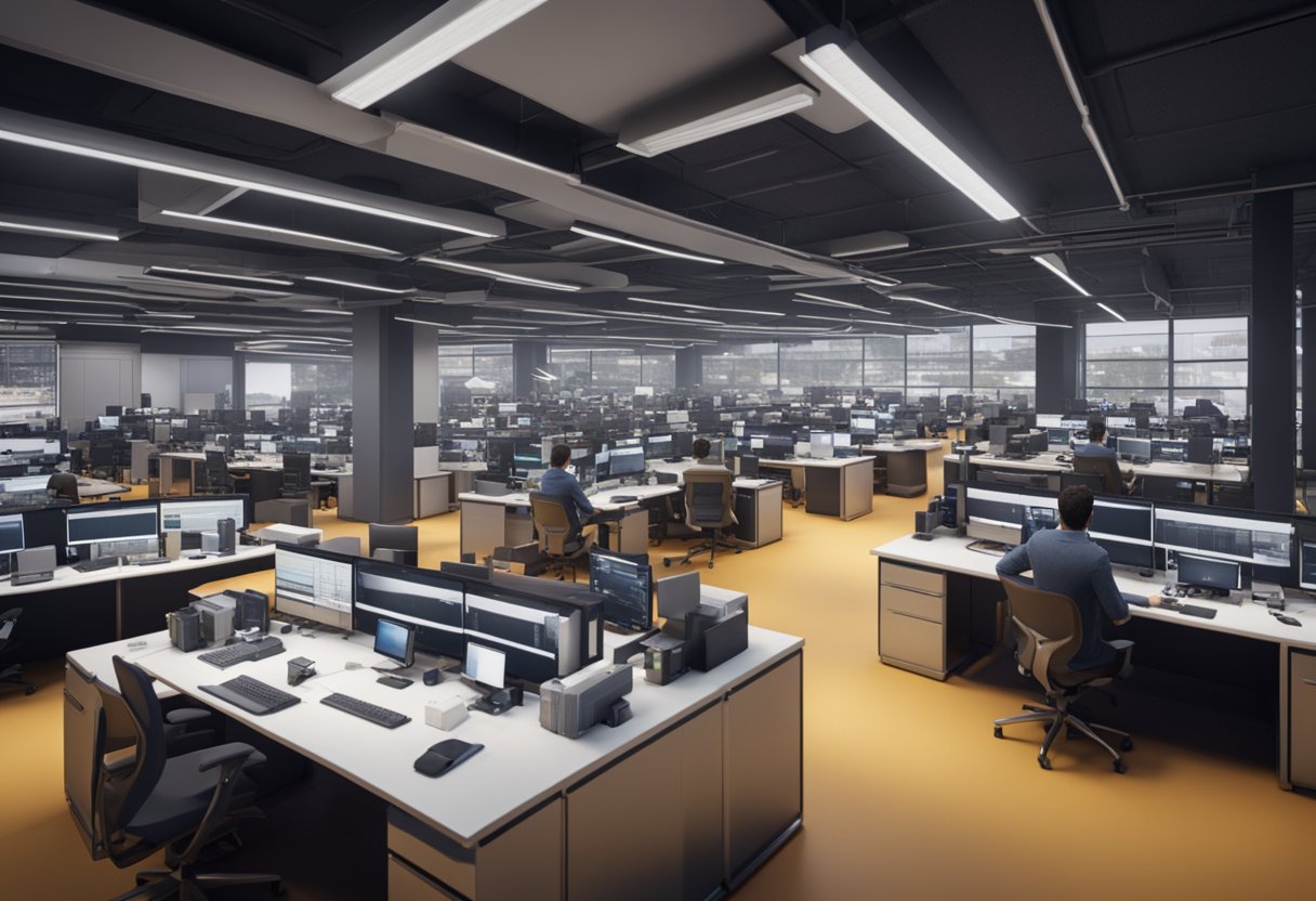 A bustling newsroom with computers, cameras, and microphones. Reporters and editors work diligently amidst stacks of papers and quality control equipment