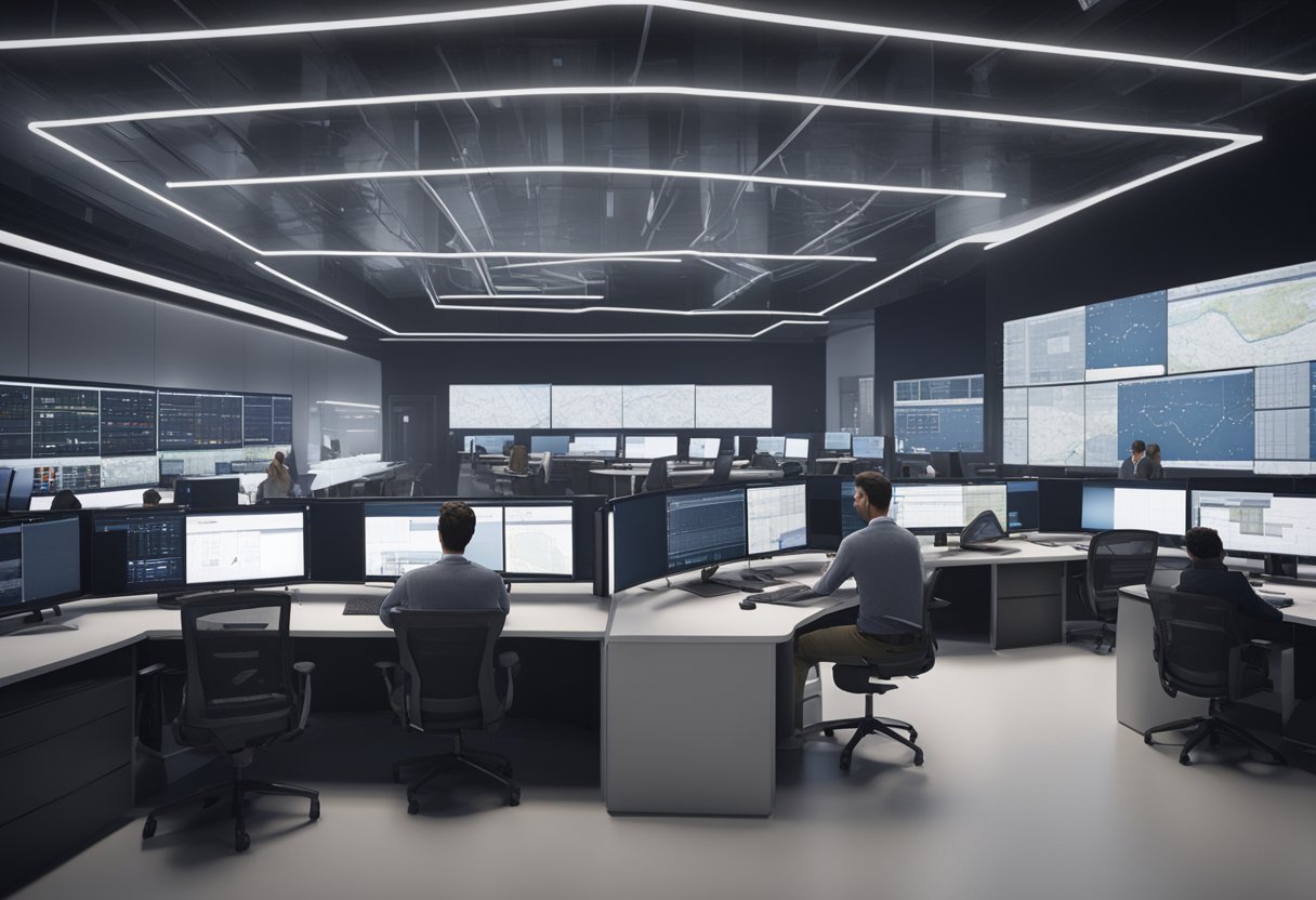 A bustling newsroom with journalists working at desks, large computer screens displaying quality and metrology data, and a wall covered in charts and graphs